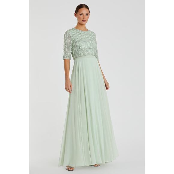 MAC DUGGAL 9180 Sage Chiffon Beaded 3/4 Sleeve Gown Size 14 NWOT - Picture 1 of 8